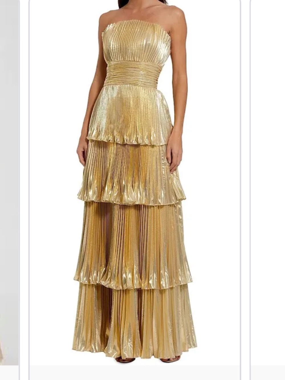 Mac Duggal Metallic Gold Strapless Tiered Pleated Gown
